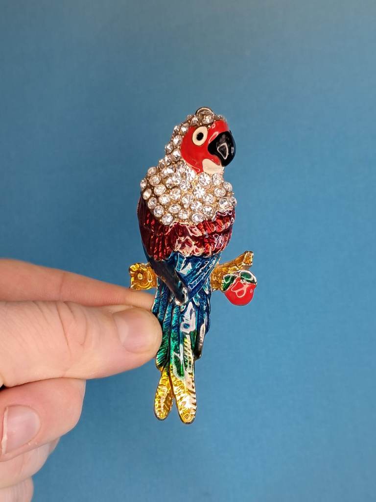 Beautiful Rhinestone And Enamel Parrot Bag Charm, Key Ring.