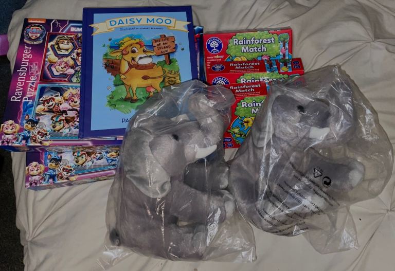 PawPatrol Puzzles, A cow book, elephant teddies and rainforest learning game.