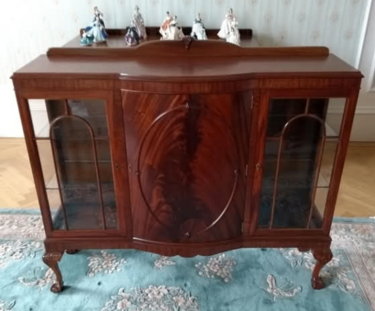 Wooden Dining Furniture – extendable table, 6 chairs, sideboard and antique display cabinet