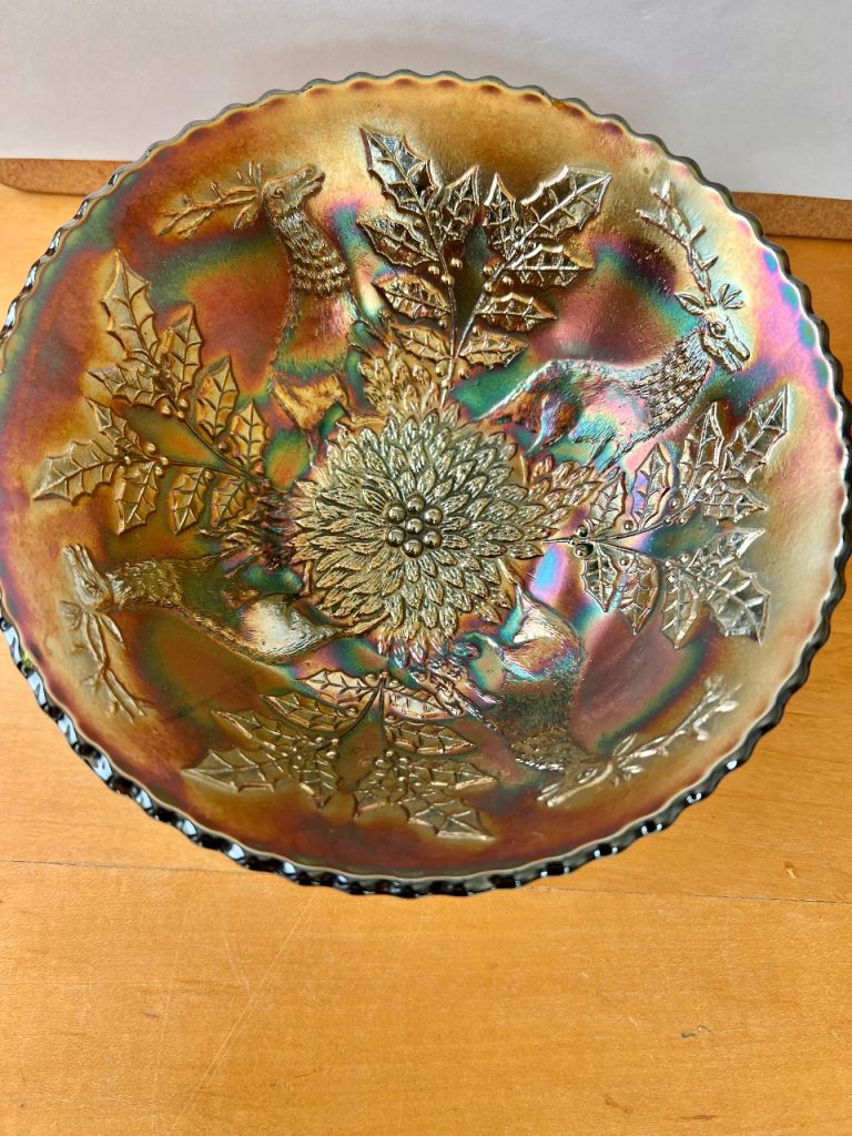 Pair of Antique Fenton Stag & Holly Green Carnival Glass Footed Bowls – 7½ Inch