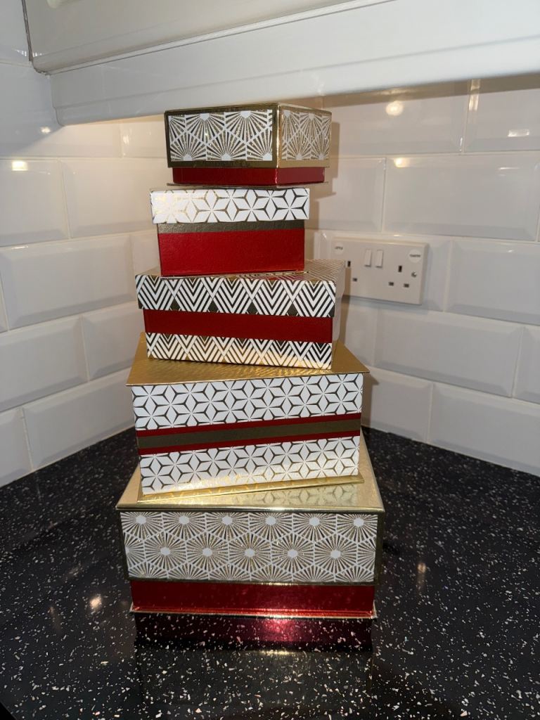 Set of 5 Christmas Gift Box Display Tower. Boxes stack inside each other Russian Doll Style Empty