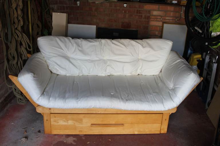 Wooden Futon Sofa Bed with Cream Mattress – Good Condition