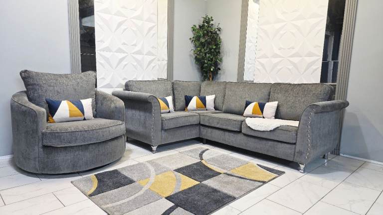 Grey Corner Sofa and Swivel Chair Set – Good Condition