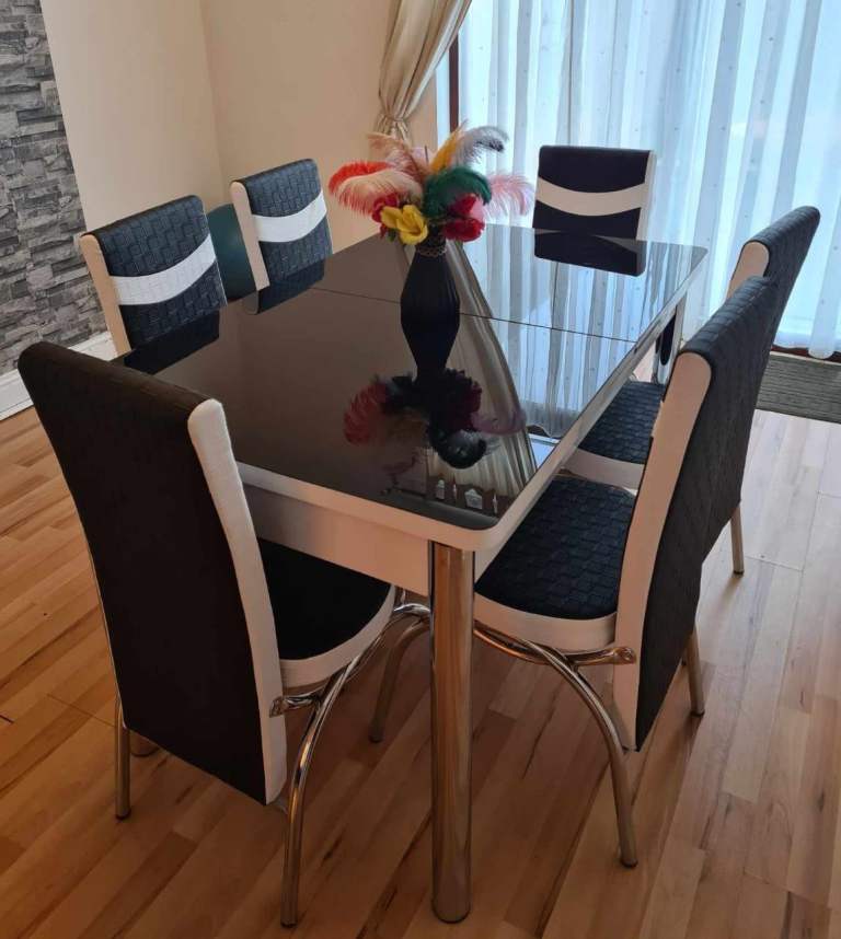 Modern Glass Dining Table Set – 6 Chairs – Stylish Black & White – Free UK Delivery
