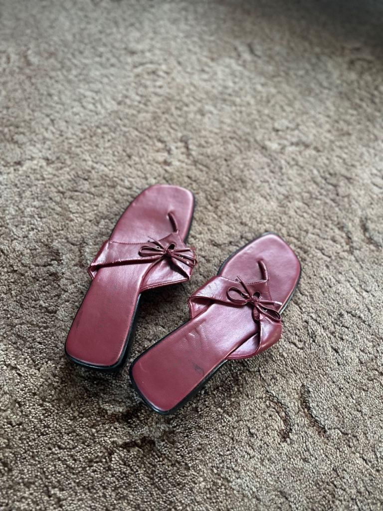 image for Women’s Red Slip-On Sandals – Size 7 and a half  – Bow Design - good condition