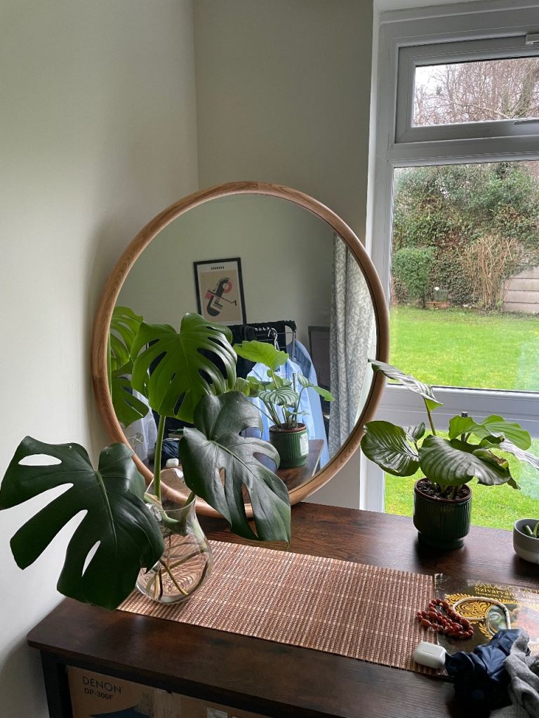 Solid oak round mirror
