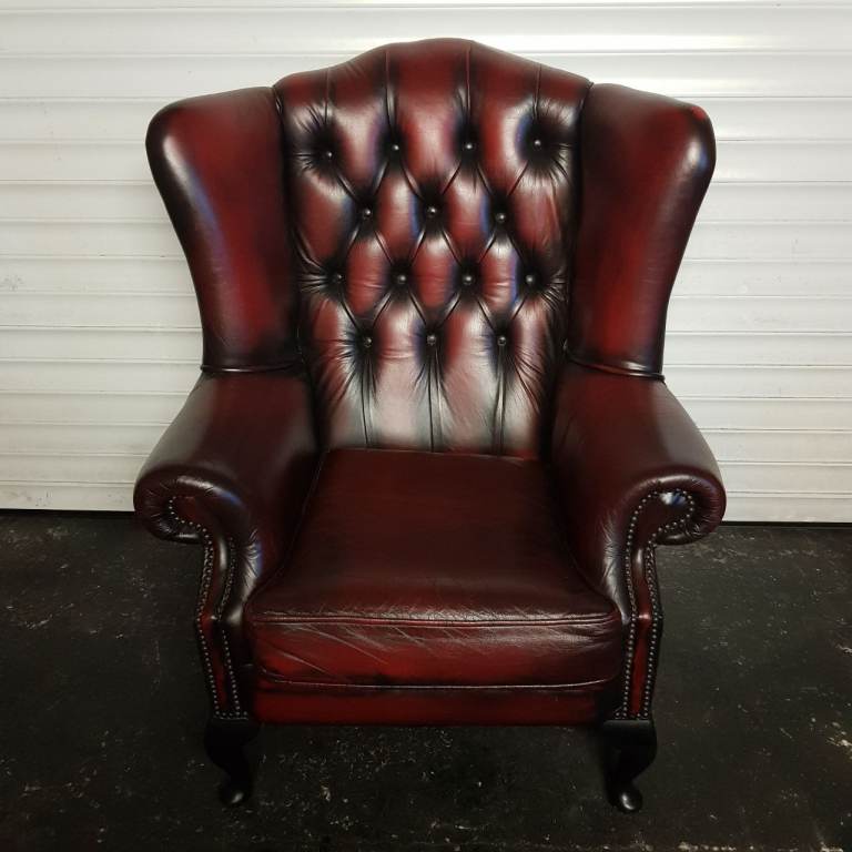 Beautiful Oxblood Leather Chesterfield Winged arm chair QUEEN ANNE