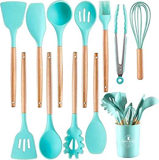 Green 12pcs Silicone Kitchen Tools Set – Heat Resistant, Non Stick, Wooden Handles