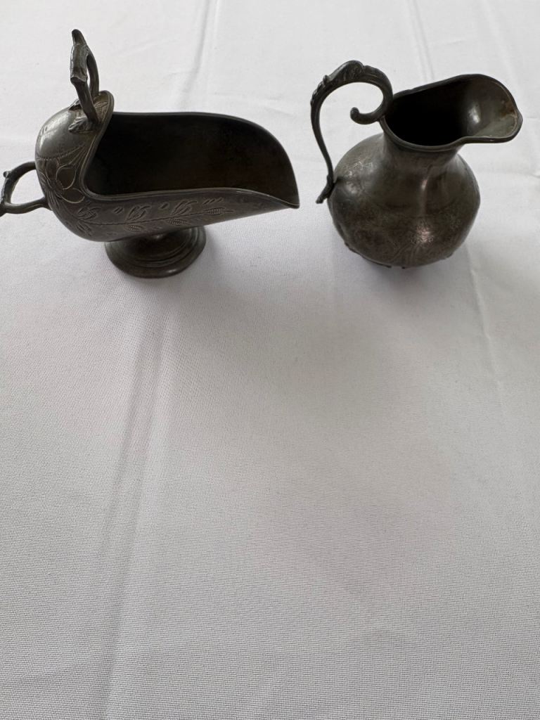 Vintage Pewter Sugar Scuttle and Cream Jug Set