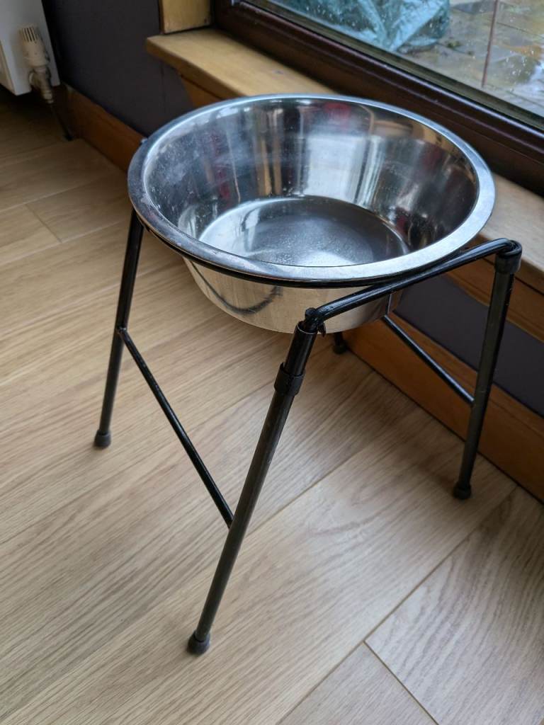 Set of metal dog bowls and stands