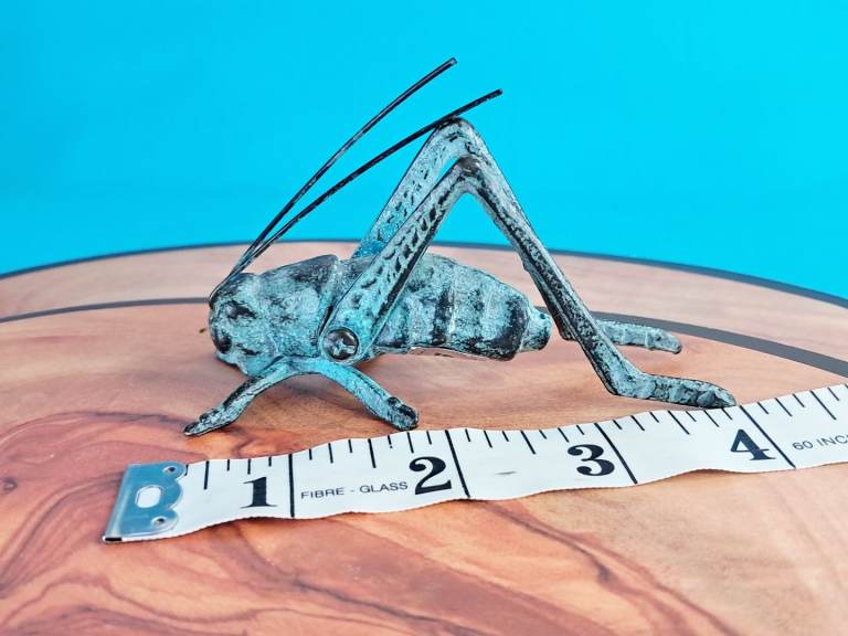 Vintage Grasshopper Cricket Figurine.Cast Iron .Metal .Green Wash Paperweight .