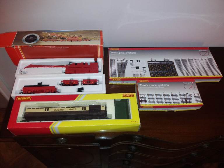 Hornby Two Track Packs, Mail Coach, Track Maintenance Carriage, Crane.  
