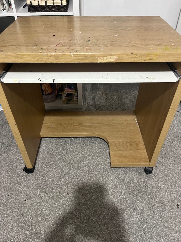 Wooden Computer Desk with Keyboard Tray on Wheels