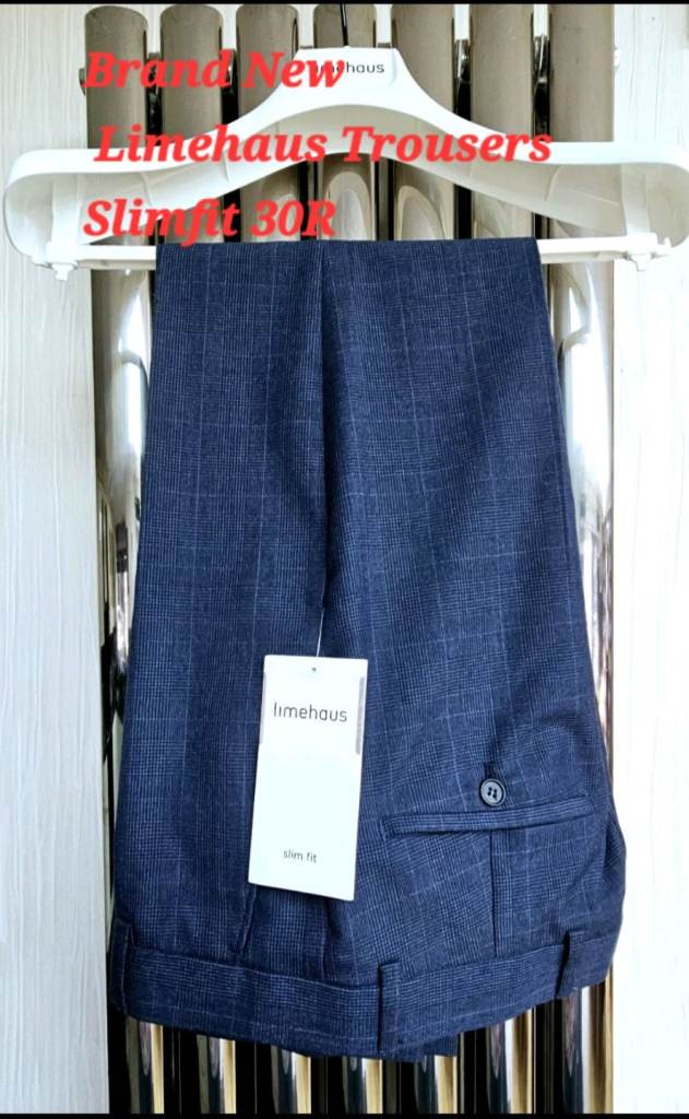 Mens Limehaus Tailored Suit Trousers Slim Fit 30Reg Brand New Blue Checked