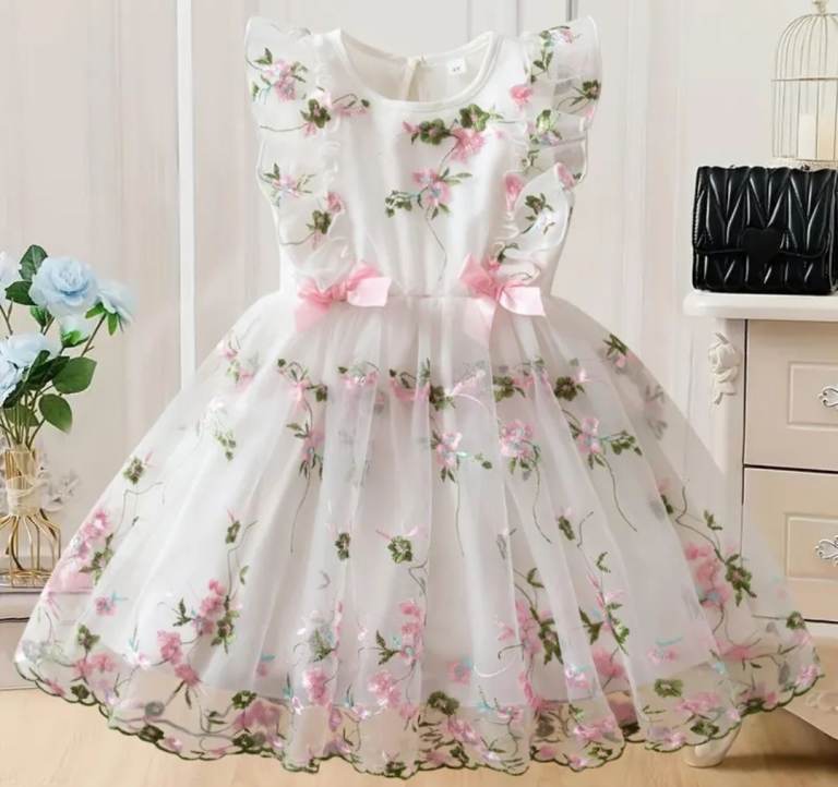 Girls' Mesh-paneled Floral Print Party Dress, Round Neck with Lantern Sleeves New - size: 6yrs