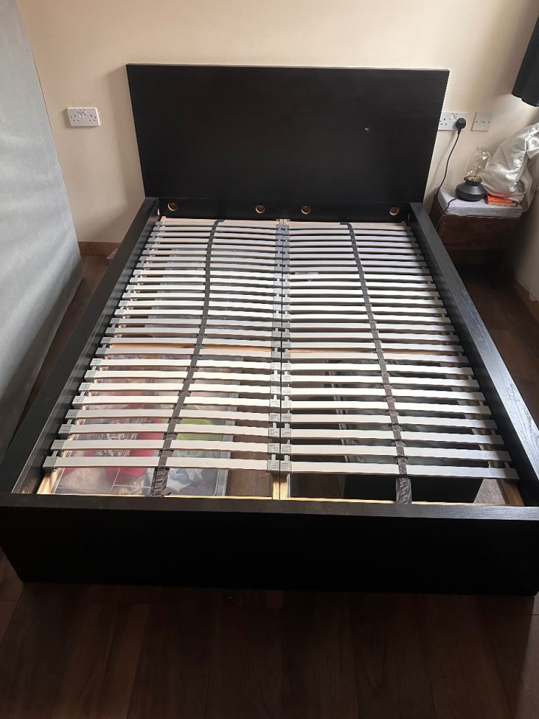 MALM Double Bed Frame with Slats – Dark Wood, Good Condition