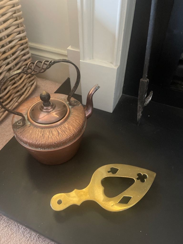 Antique Copper Kettle and brass trivet