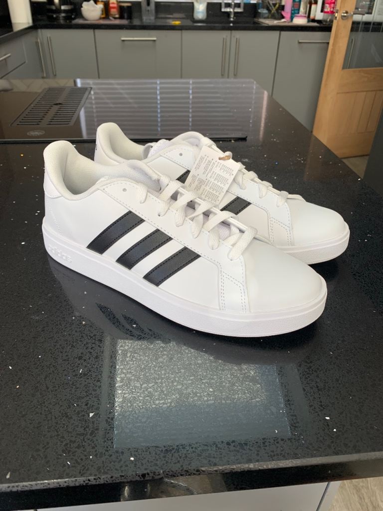Adidas Grand Court Trainers - White with Black Stripes, New