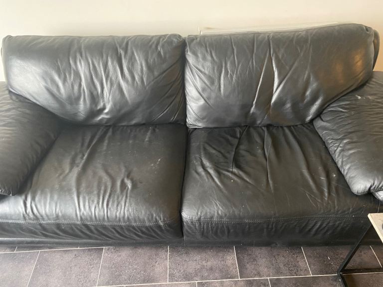 Black Leather Sofa and Armchair Set – Fair Condition