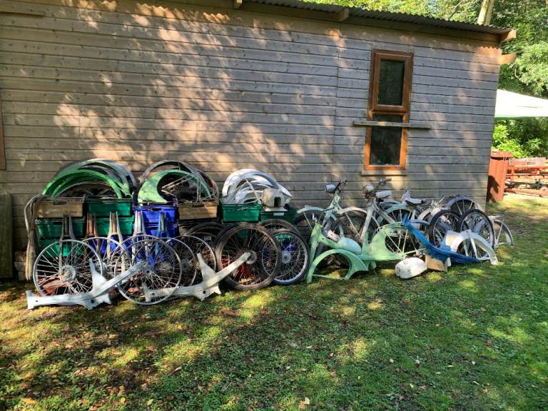 A large job lot of NSU Quicklys 10 frames 23 boxes spares etc