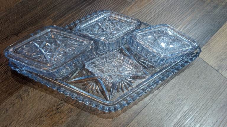 Vintage Art Deco Ice Blue Glass Vanity 5pc set
