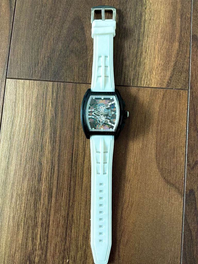 Men's Skeleton Watch – Black Square Case, White Silicone Strap, Battery Powered