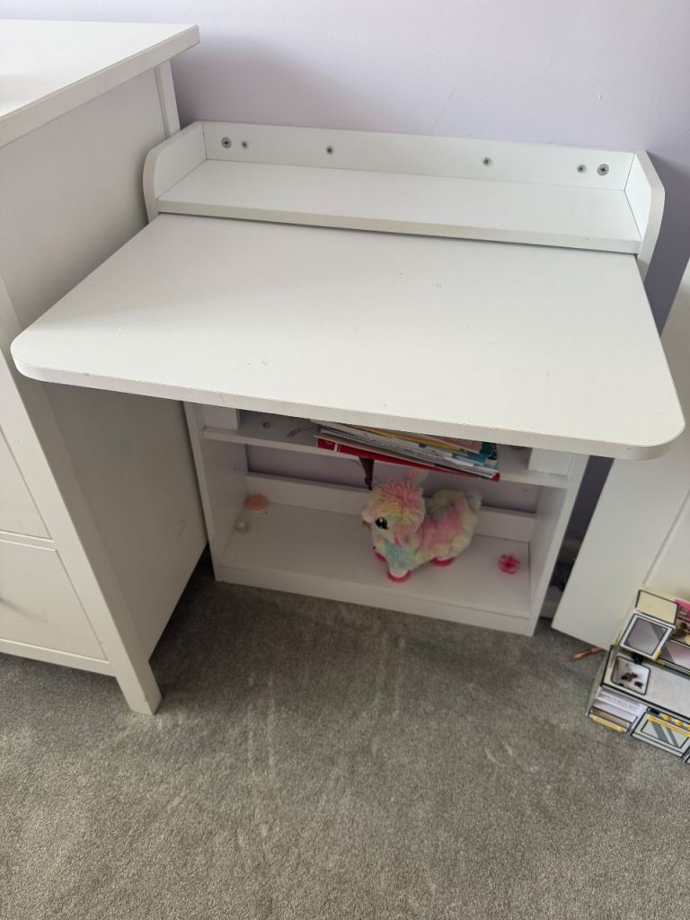 White Wall-Mounted Fold-Down Desk with Shelving Unit