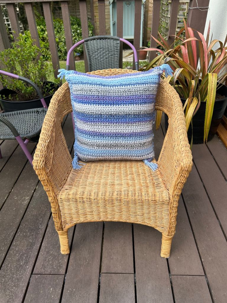Vintage Wicker Chair with Handmade Crochet Cushion