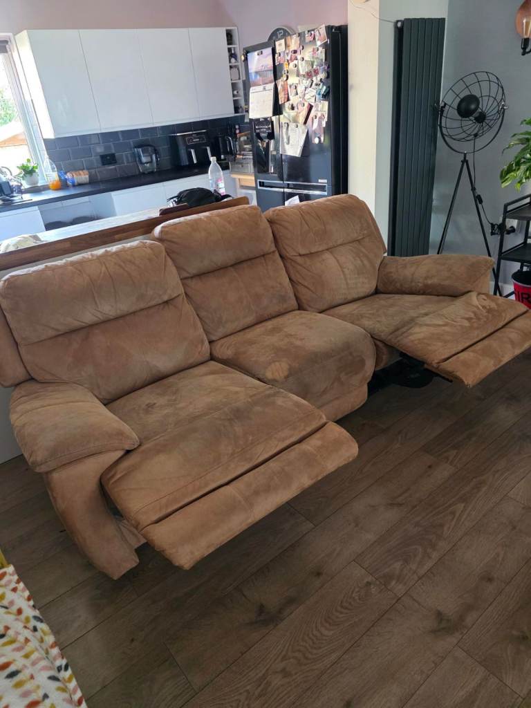 Tan Coloured Fabric Manual Recliner - Large Sofa