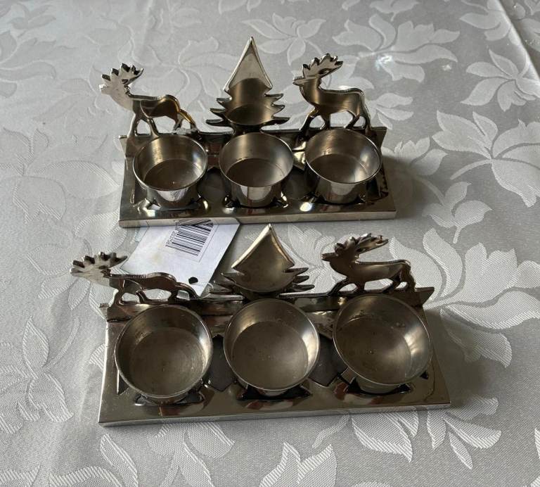 Set of 2 New Silver Christmas Reindeer & Tree Tealight Holders