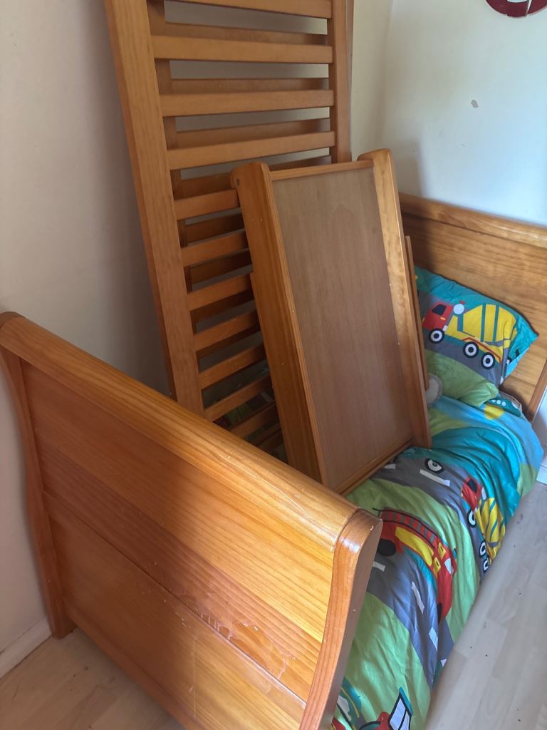 Sleigh cot bed for sale with changing topper