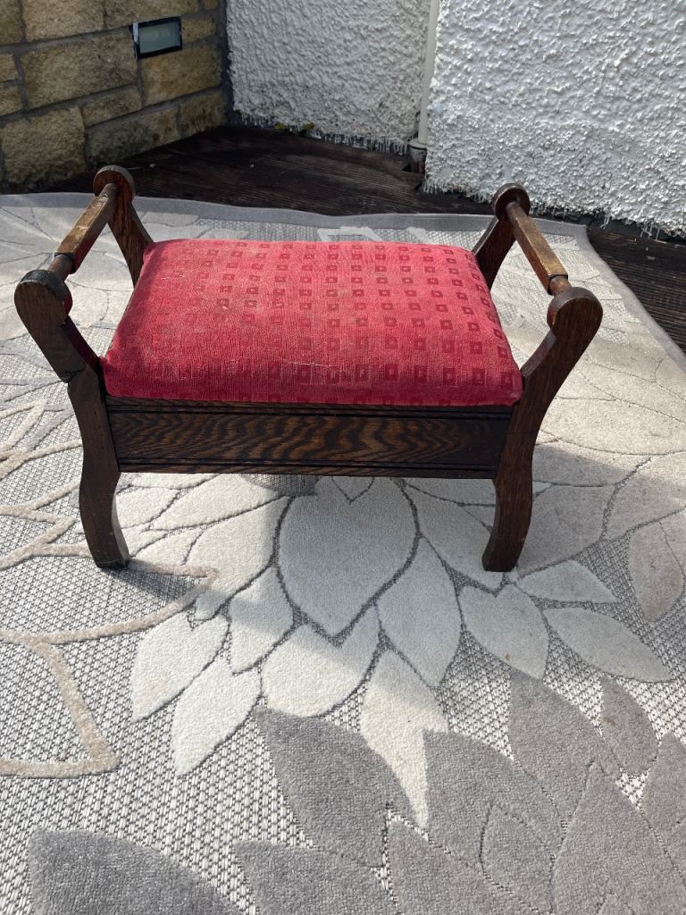 Vintage Wooden Footstool with Red Fabric Cushion – Good Condition
