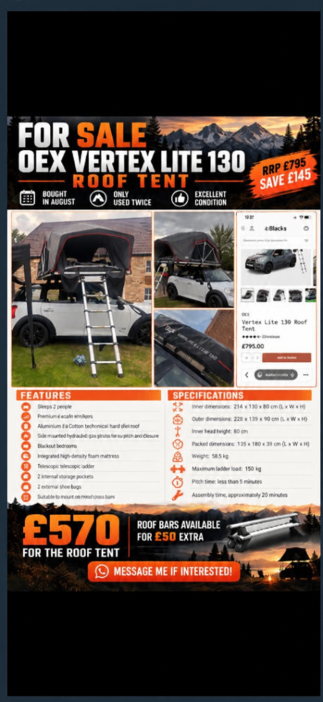OEX Vertex Lite 130 Roof Tent – Excellent Condition