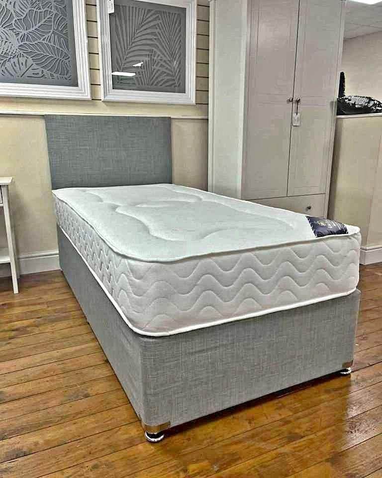 15% Discount offer Single Fabric Divan bed base with Headboard + Mattress 