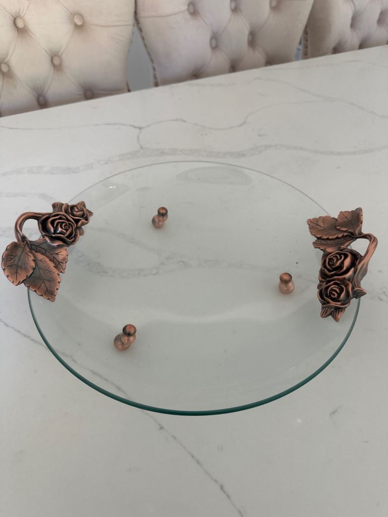 Elegant Glass Serving Tray with Rose Handles –