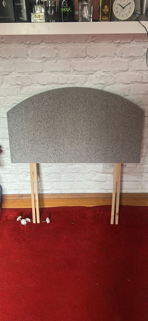 Grey Fabric Headboard with Wooden Legs – Good Condition