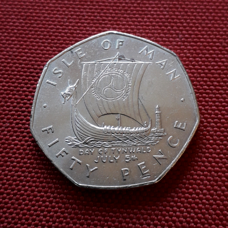 50p 1979 - Viking Ship *EDGE INSCRIPTION* Royal Visit Millenium of Tynwald coin