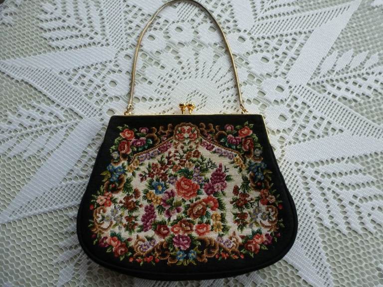 Vintage Hand Embroidered Petit Point Evening Bag