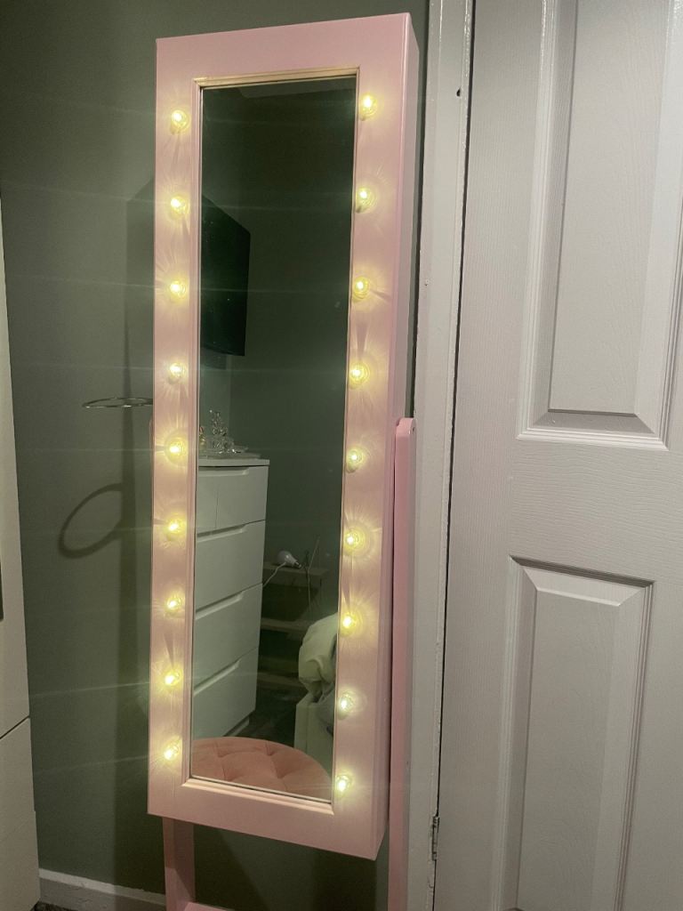 Pink Wooden Mirror Jewellery Cabinet with LED Lights