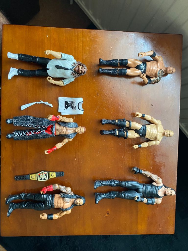 An array of WWE wrestlers with Ring and plenty of accessories. 