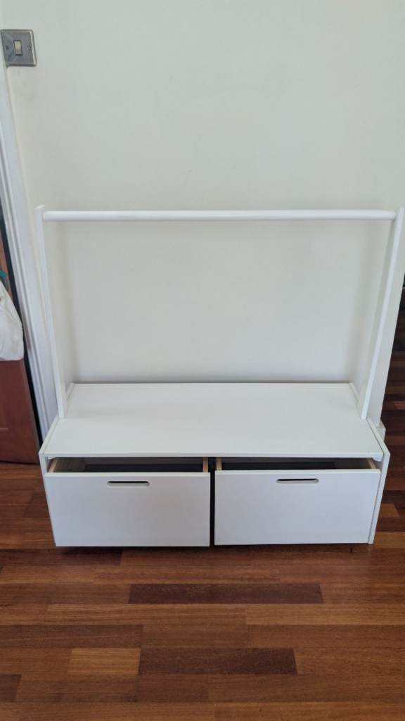 White Wooden Storage Bench with Hanging Rail and Drawers