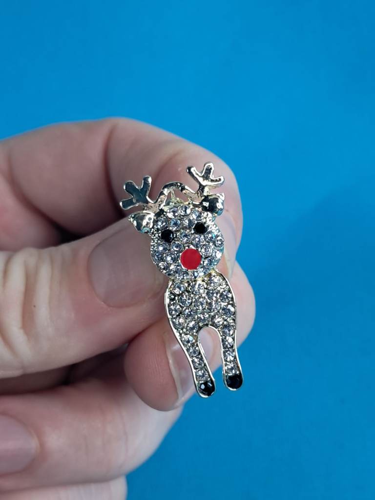 Brand new, Sparkly Rudolph Reindeer Christmas Brooch Red Nose Silver Tone.