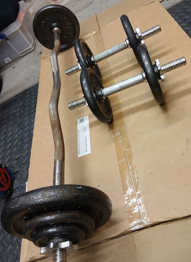 PRO POWER Weight Plates, Dumbbells, and Barbell Set – Good Condition