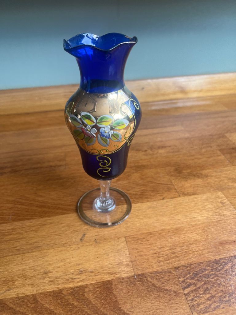Cobalt Blue Glass Vase with Gold Painted Floral Design
