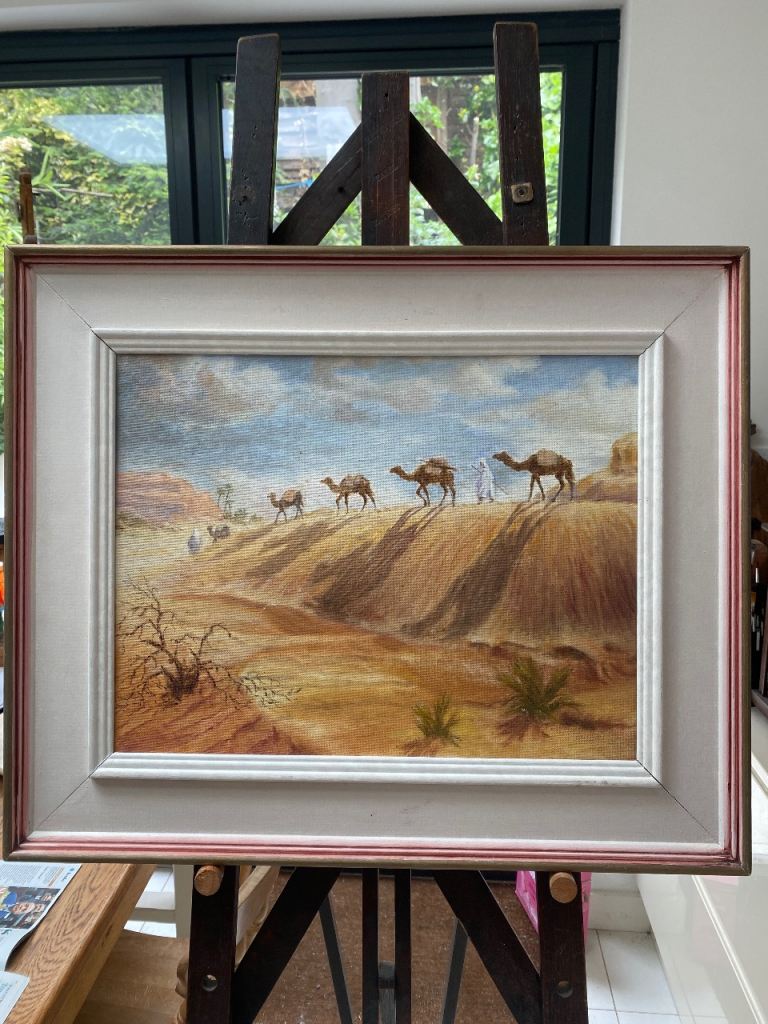 Camels in the Desert,  Original oil on board 