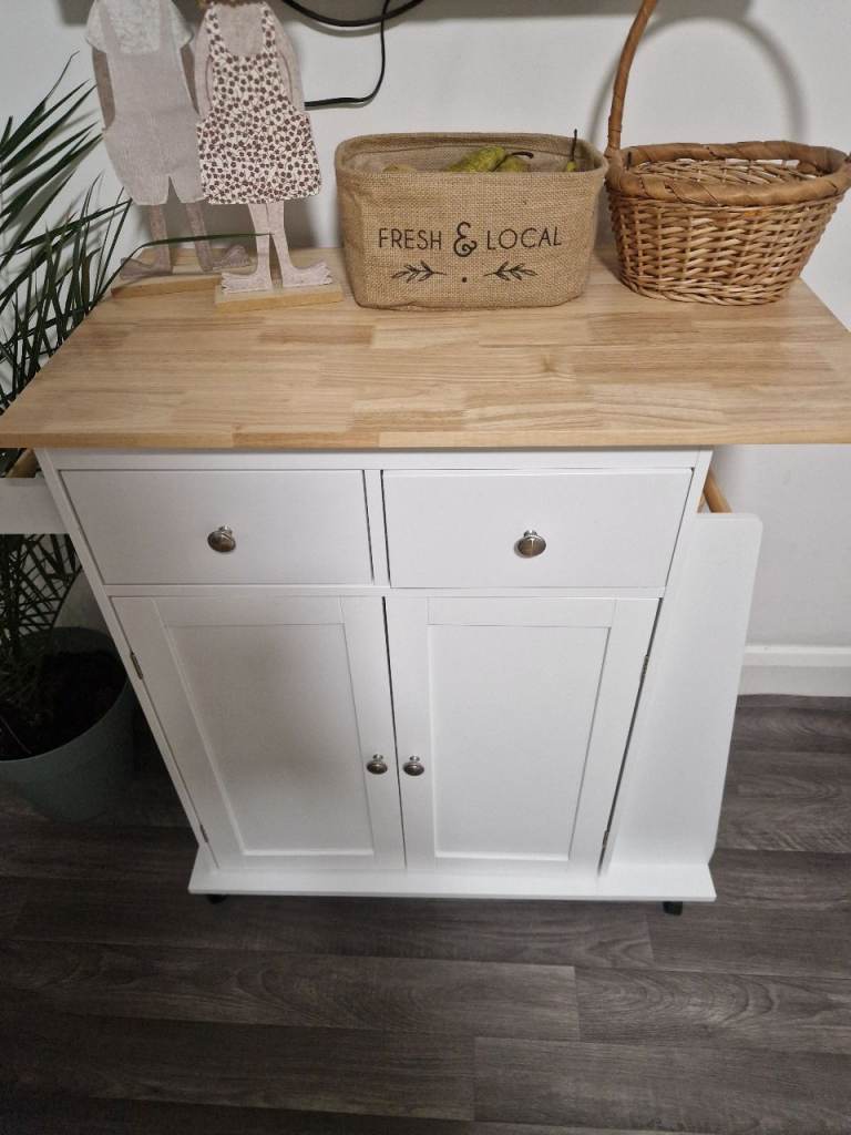 White bamboo kitchen storage unit (with wheels, easy transport)