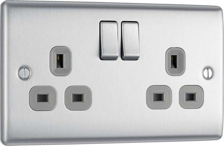 BG Electrical Double Switched Power Plug Wall Socket, Nexus Metal, Brushed Steel, Grey Inserts