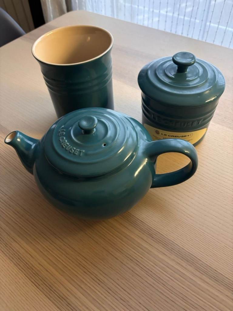 Le Creuset stoneware set in deep teal (teapot, utensils jar, storage/biscuit/cookie jar)