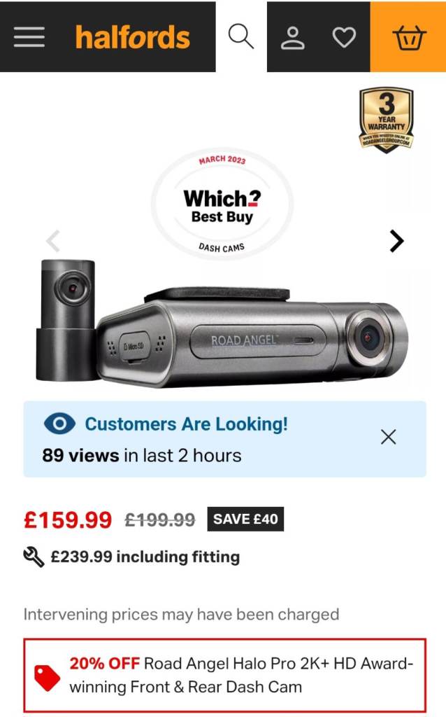 REDUCED FOR QUICK SALE Road angel halo pro dash camera 