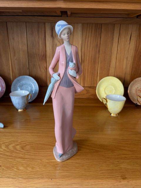 Elegant Porcelain Lady Figurine with Umbrella and Cat 